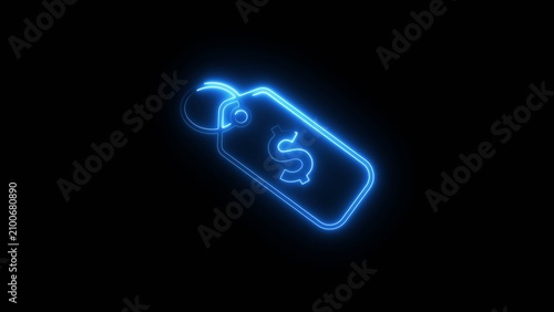 Neon price tag with dollar symbol glowing on black background, shopping and finance.