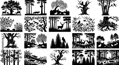 Photography Forest woodland landscapes and wild animal silhouettes set featuring deer foxes