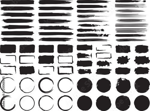 Hand drawn black ink brush strokes and textured geometric shapes