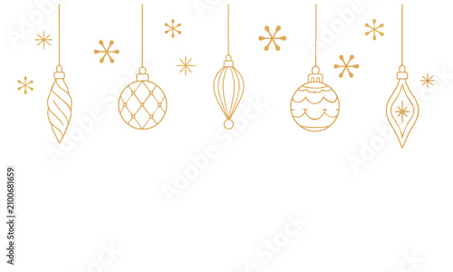 Elegant Christmas ornament border with hanging baubles and delicate snowflakes in minimalist gold line art, festive holiday decoration frame for greeting cards, invitations and banners.