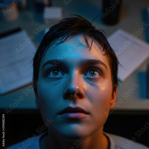 Contemplative Gaze Absorbs Striking Blue And Orange Light