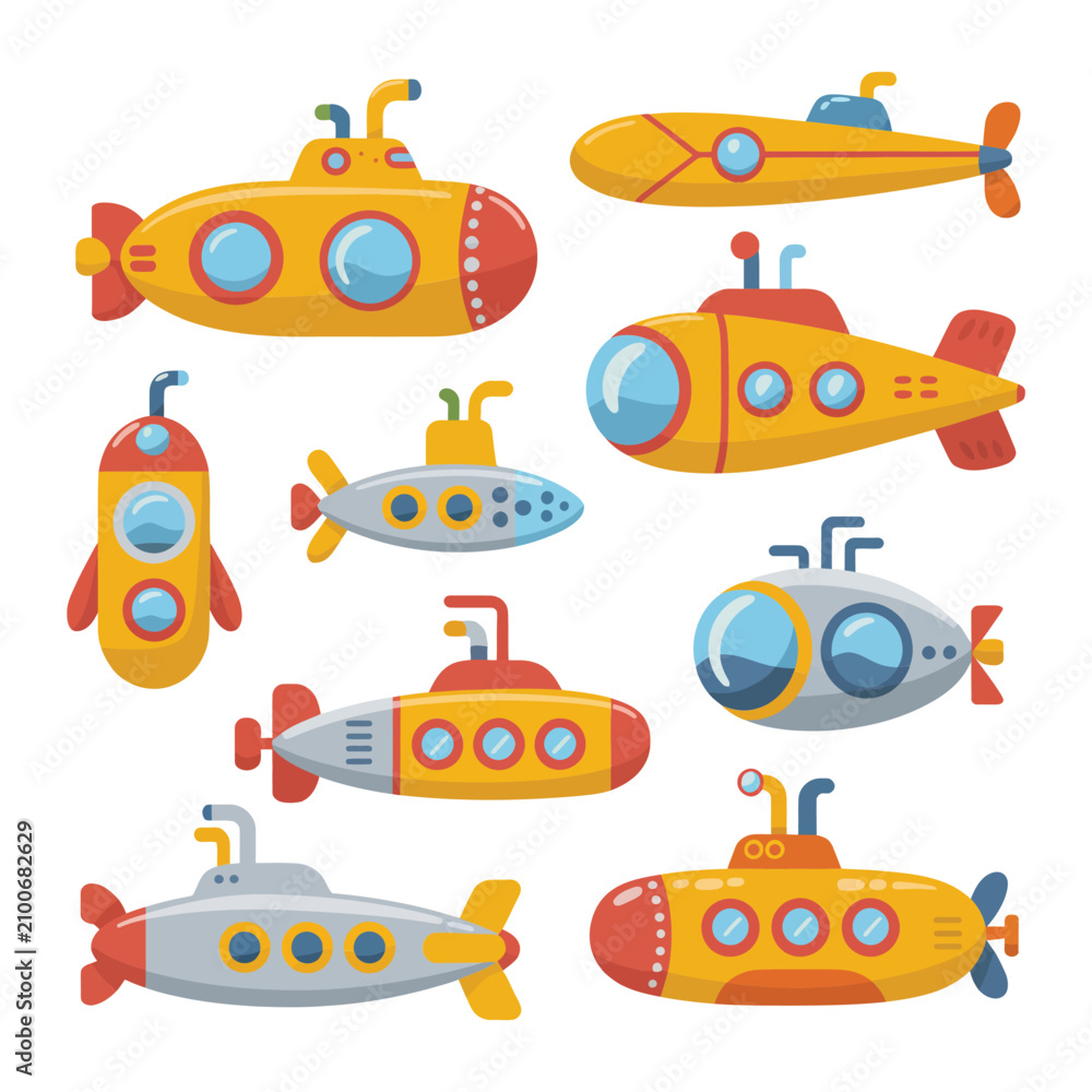 Obraz premium Collection of cute cartoon submarines in various shapes and colors isolated on white background, for children projects, and educational games