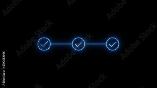 Blue neon check mark circles glow intensely on a black screen. Account verification confirmation stands out brightly on this secure app layout. The check mark circles blink.