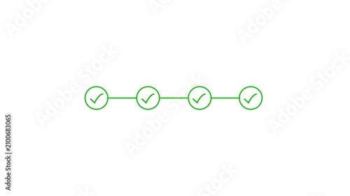 Green check mark circles connect together across a white screen. Successful milestone verification is represented by these vector link icons. The check mark circles light up.