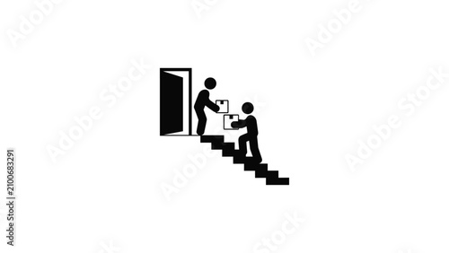 Schilderij op canvas Minimalist pictogram of two human figures on staircase, one delivering package t