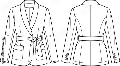 Photos Women belted blazer jacket fashion technical sketch vector illustration featurin