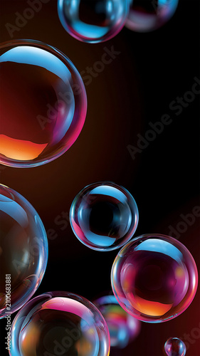 Transparent floating bubbles with soft pink and purple glow, vertical photo featuring dreamy iridescent reflections and an elegant abstract background