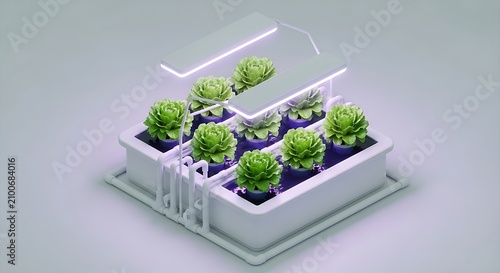 Hydroponic seedlings growing in a modern indoor planter. Smart vertical farming system with LED lighting for sustainable agriculture.