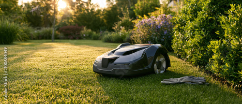 Robotic Lawn Mower on Garden Grass at Sunset