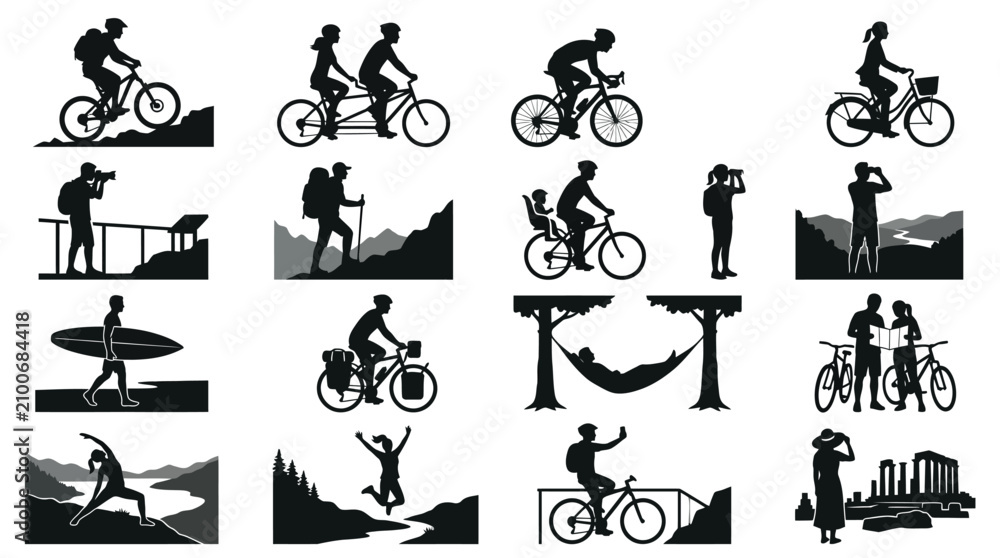 Obraz premium Outdoor hiking and biking activity icons set featuring adventures in nature and mountains.