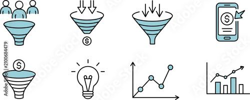Sales funnel and digital marketing line icon set, business data analytics conversion graphics vector illustration