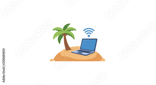 Quadro su tela Laptop on Island with WiFi Signal.