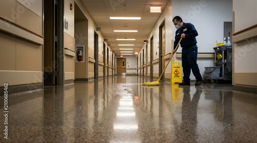 Professional janitor mopping a hospital hallway floor with warning sign