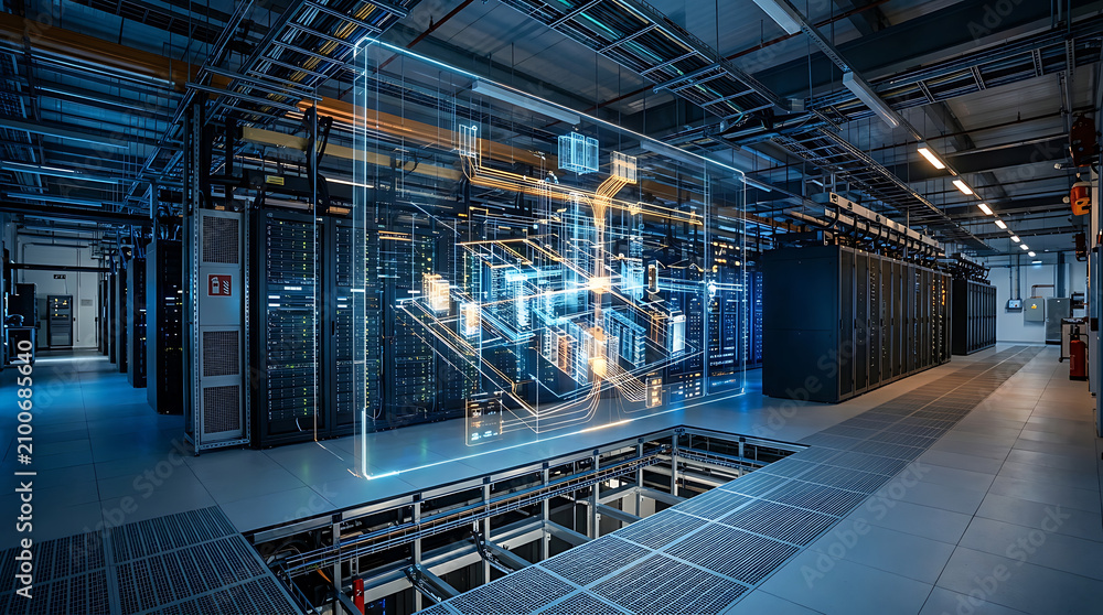 Fototapeta premium AI Generated Futuristic Data Center with Digital Twin Visualization and Enterprise Server Infrastructure for Cloud Computing Technology