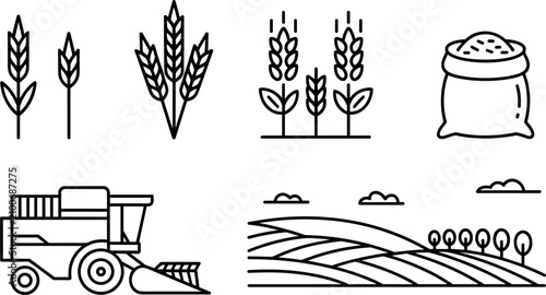 фотографія Wheat farming and agriculture line icon set vector illustration, combine harvest