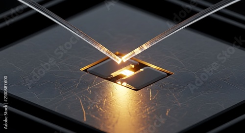Futuristic microchip with glowing light. Advanced semiconductor processor in a high tech lab.
