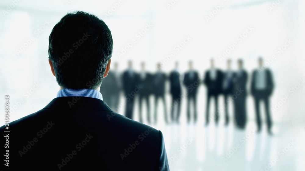 Fototapeta premium Professional business leader, boss, businessman in a dark suit standing and looking ahead toward a blurred group of colleagues, team in a bright and spacious modern office environment today, back view