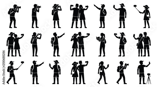Set of black silhouette icons of tourists taking photos and filming videos on smartphone.