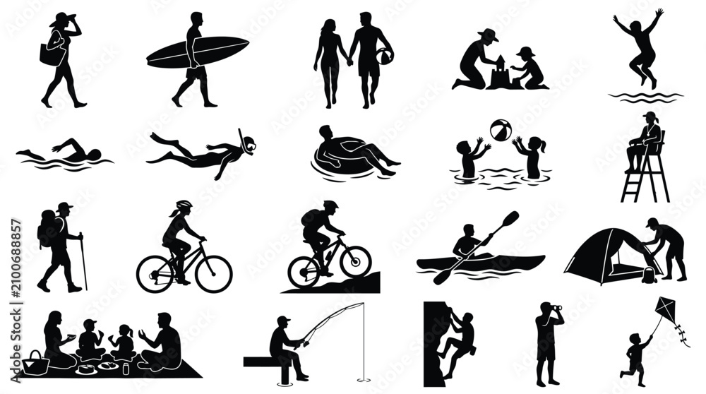 Obraz premium Set of summer outdoor activities people black silhouettes active lifestyle icons vector illustration.