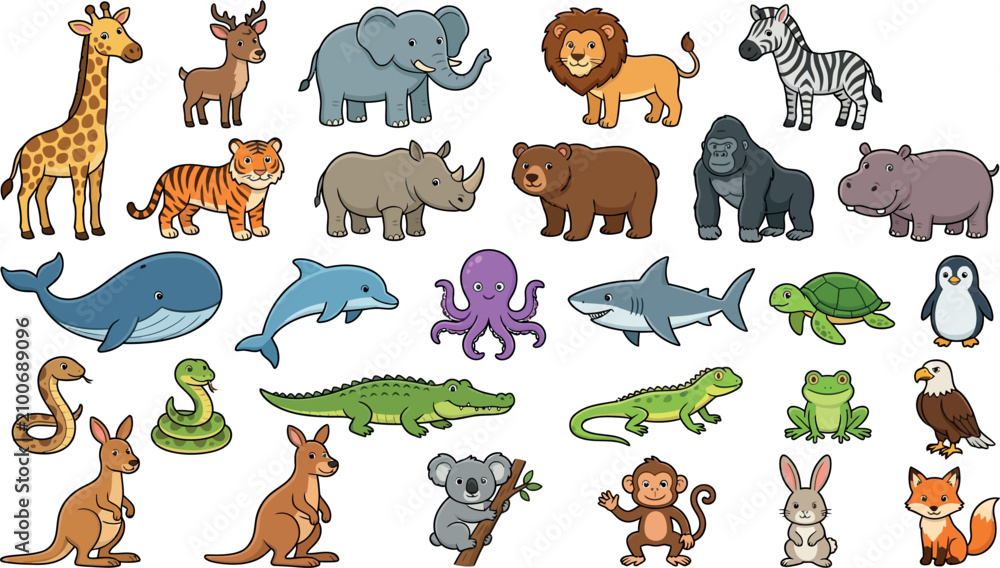 Obraz premium Cute cartoon animal collection, diverse wildlife characters, adorable safari and ocean creatures, vector illustration set for children's books and educational content