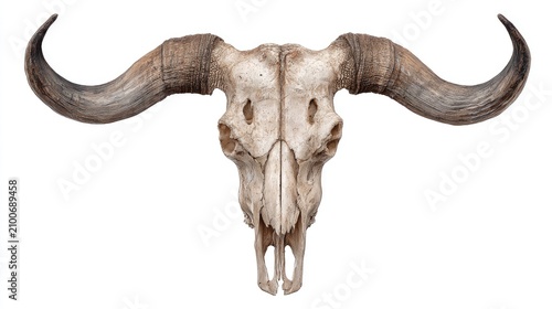 Large horned bull skull isolated on white background.