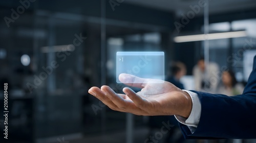 Futuristic Digital Command Line Interface Floating Above Business Hand in Modern Office Technology Concept