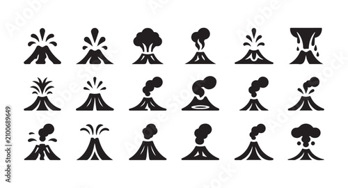 Canvas Print Large collection of black silhouette volcano icons depicting various stages of erupting mountains and smoke
