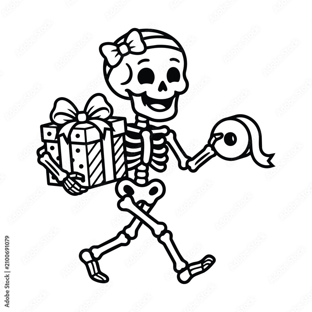 Fototapeta premium Funny skeleton birthday gift holder cartoon mascot graphic