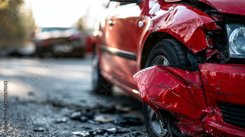 Damaged front bumper of a red car after a traffic collision on the road. Concept for accident insurance claims and car.