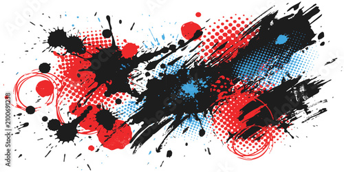 Foto Abstract paint splatter design with black ink brush strokes and red and blue hal