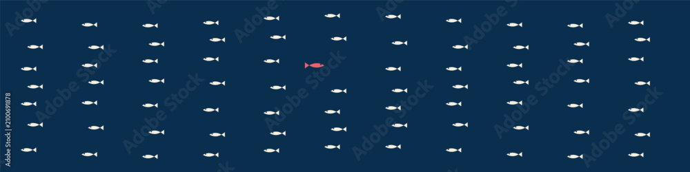Fototapeta premium Fish school swimming one direction with red fish going opposite wide banner on navy, Be different individuality concept pattern, vector background for header and leadership design
