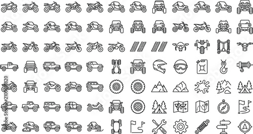 Foto Off road vehicles and extreme adventure sports outline icons set with atv utv qu