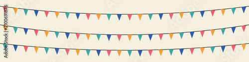 Colorful bunting flags garlands wide banner on cream, Three strings of triangle party pennants, festive vector background for celebration header and event design