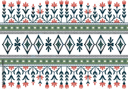 Schilderij op canvas Ethnic floral embroidery pattern seamless border, bohemian geometric ikat vector