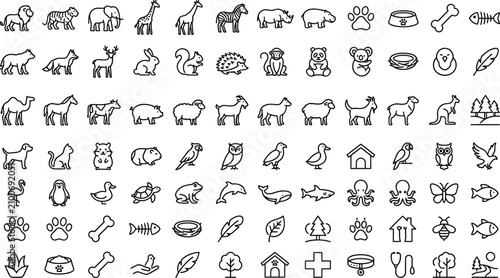 Canvas Print Wild animals pets farm livestock and marine sea life doodle outline icons set wi