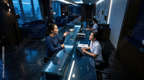 Client Interaction At A Modern Reception Desk At Night
