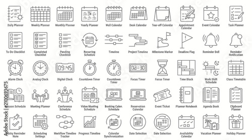 Calendar planner and schedule management icons set creative line style design.