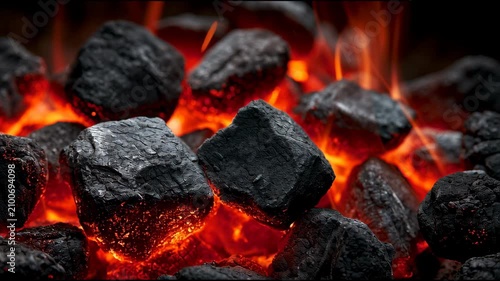 Coals glow bright red and orange in the dark, radiating heat as they burn in a fire pit at night. Sparks fly up from the fire.