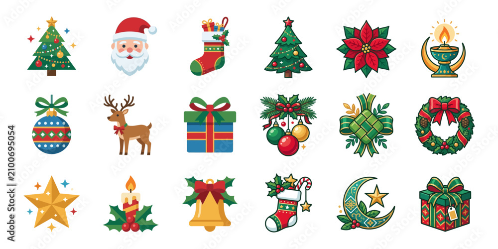 Fototapeta premium Pixel Art Christmas Icons Set: Santa, Trees, Gifts, Reindeer, Ornaments, Wreath
