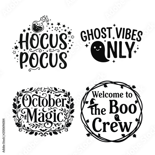 Halloween typography set with Hocus Pocus and Ghost Vibes quotes, spooky vector illustration for t-shirt design, greeting cards, and party decorations.