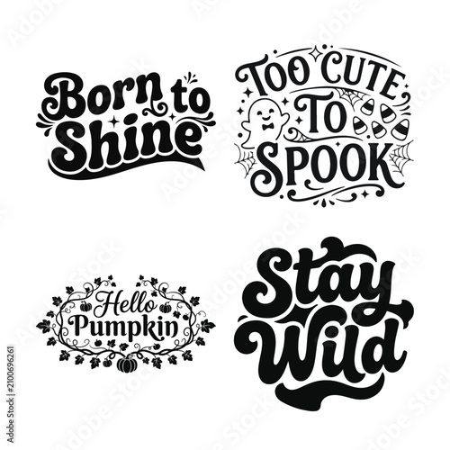 Halloween typography bundle with spooky quotes and cute phrases, vector illustration for t-shirt design and decorations.