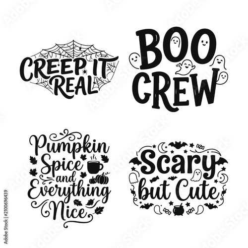 Halloween typography bundle with Creep It Real and Boo Crew quotes, spooky vector illustration for t-shirt design, party decorations, and stickers.