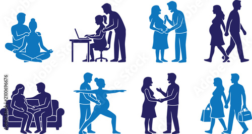 Obraz na płótnie Pregnancy and expectant parents activities collection of silhouettes featuring c
