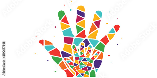Schilderij op canvas Colorful mosaic hand print illustration with a smaller child hand inside for uni