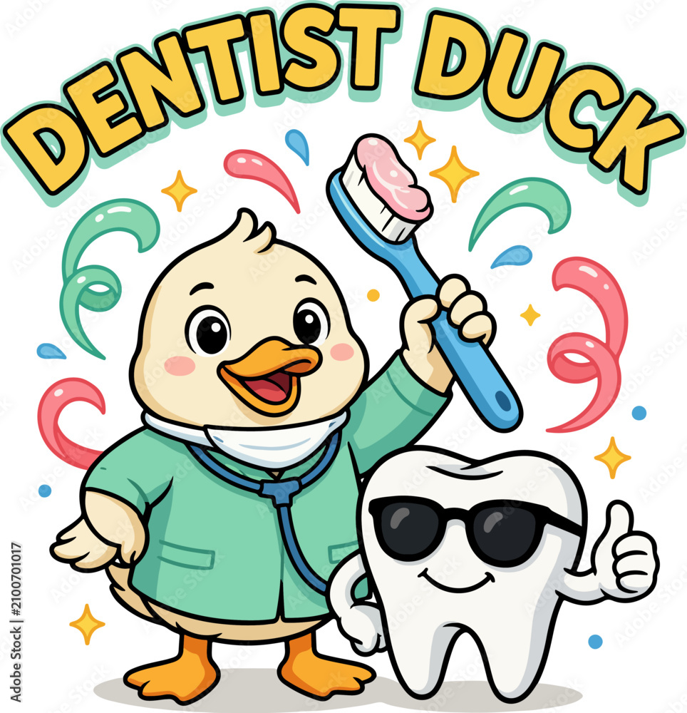 Naklejka premium Cute cartoon dentist duck character holding a toothbrush with a happy smiling tooth wearing sunglasses