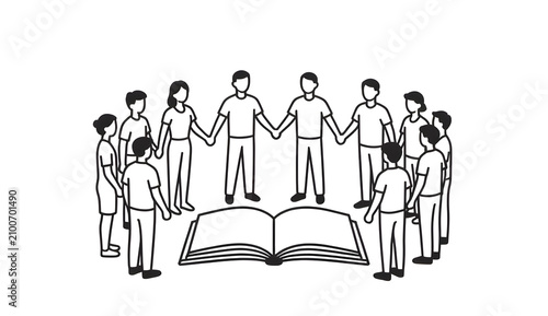 Minimalist flat illustration of an open book with green leaves growing from its pages, concept of personal growth, eco-friendly education, and organic knowledge
