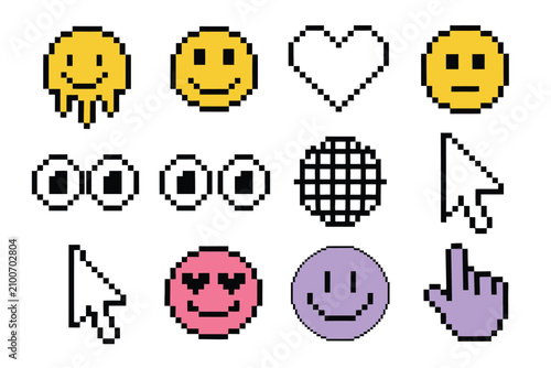 Retro pixel emoticons and computer cursors set featuring smiling faces hearts disco ball and pointer for digital projects