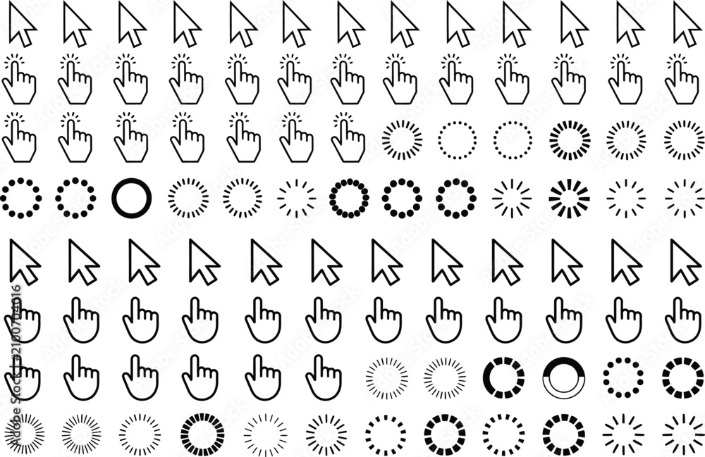Fototapeta premium Collection of black and white computer cursor hand pointers, and circular loading spinners for web interface