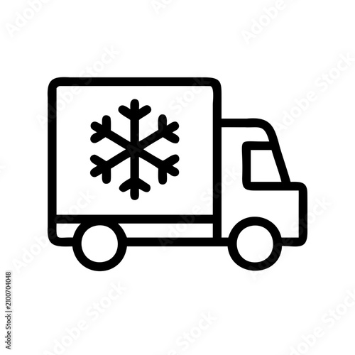 Delivery truck with snowflake icon - Black and white vector icon of a delivery truck featuring a snowflake design for cold or winter themes.