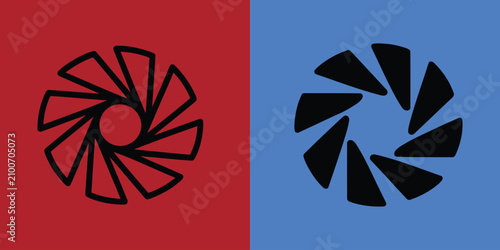 Foto Circular aperture iris symbol in outline and solid black styles on red and blue